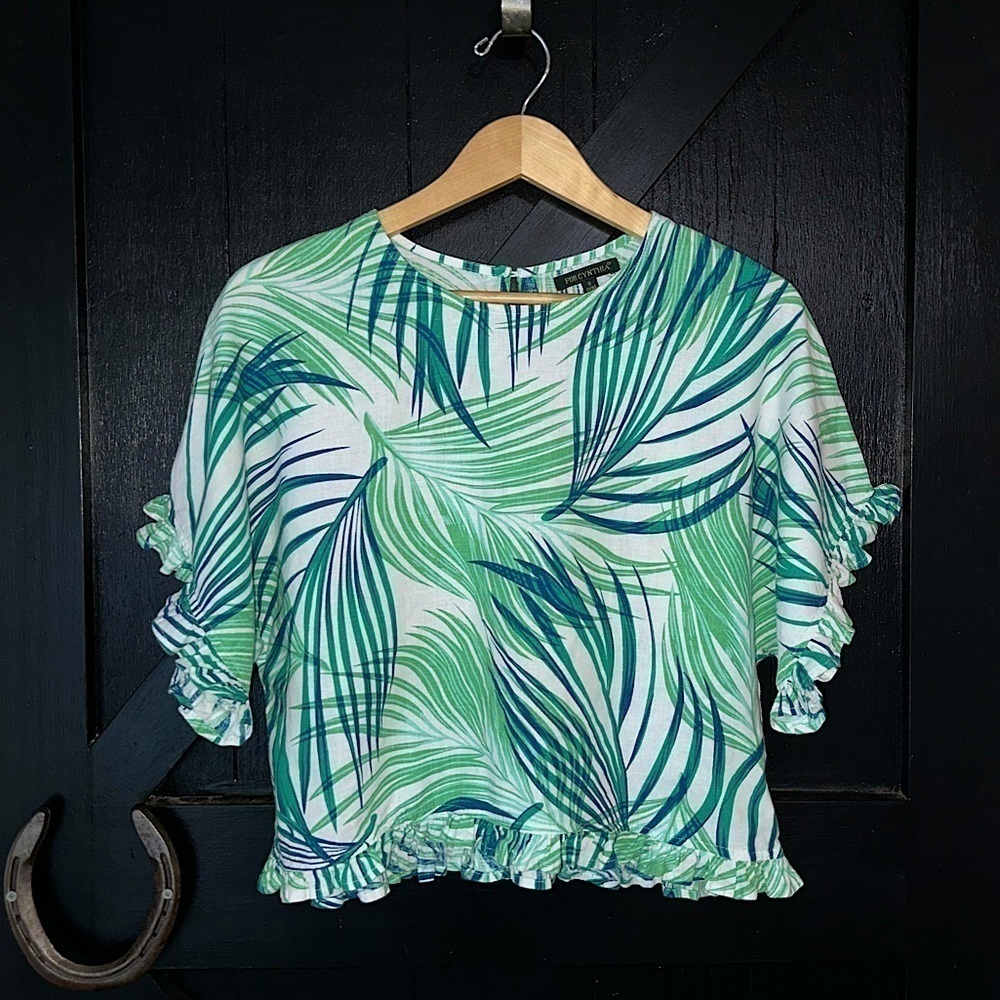 For Cynthia Linen Blend Boxy Ruffle Tropical Leaf Print Cropped Blouse Top Sz S